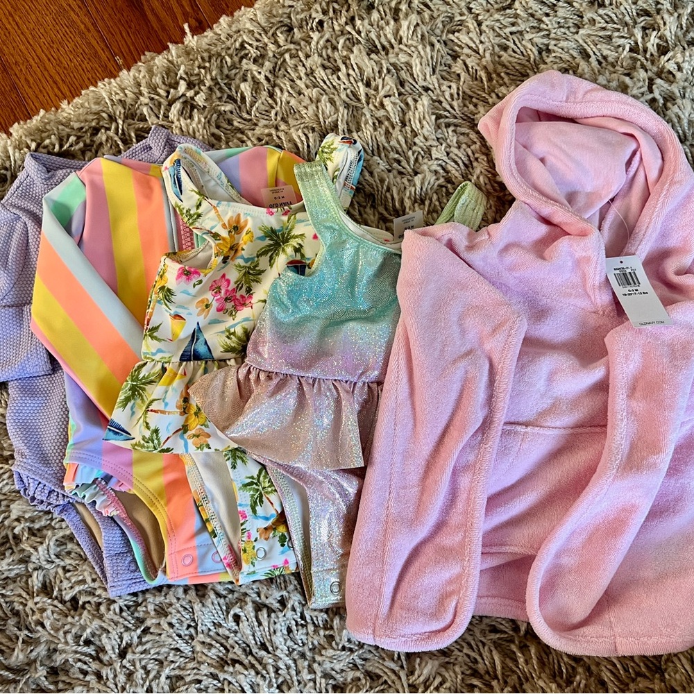 4 Old Navy One Pieces and cover up 0-3 months